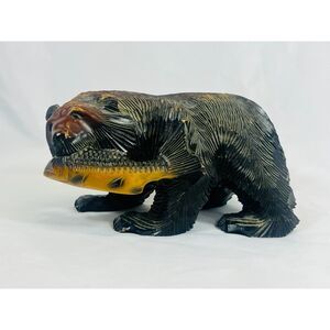Wooden Bear w/ Salmon Ainu Hokkaido Vintage Hand Carved Alaska Decor Woodland